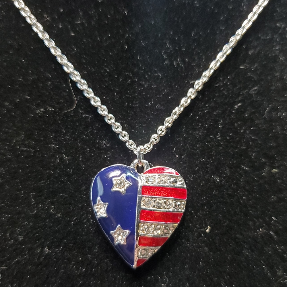 Patriotic Enamaled/Rhinestone Heart on Silver-Tone 16" Chain